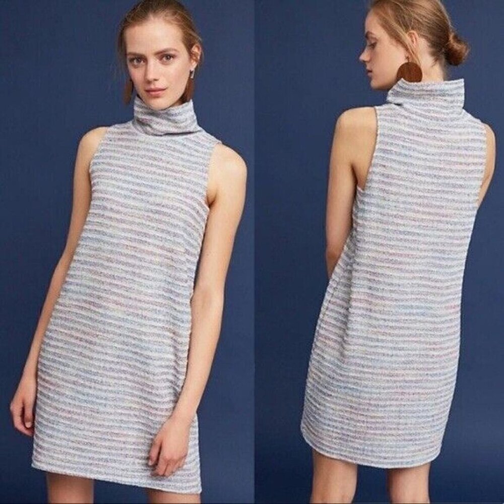 ANTHROPOLOGIE AKEMI & KIN Tweed Mock Neck Tunic Dress Striped Mini Size L
